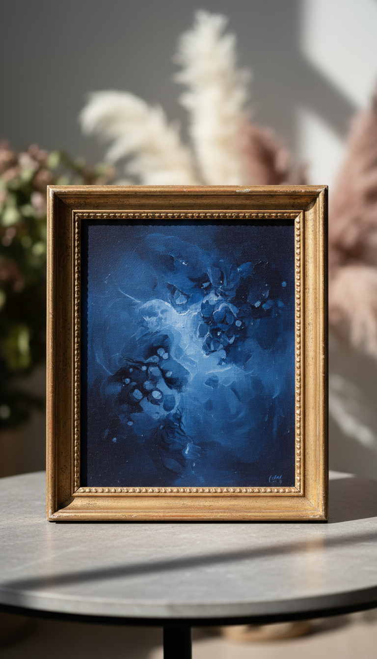 Indigo Abstract Painting in Vintage Frame